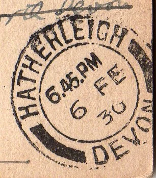 Postmark of Hatherleigh Devon double-ring handstamp with bars 1936